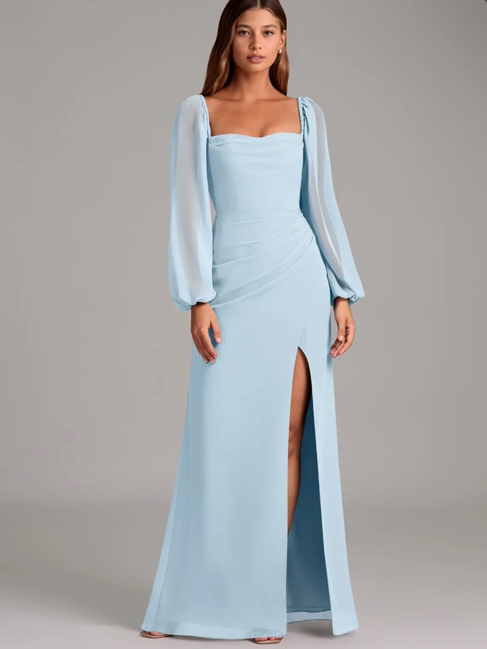 Light Sky Blue Long Sleeve Square Neck Evening Gown/Bridesmaid Dress